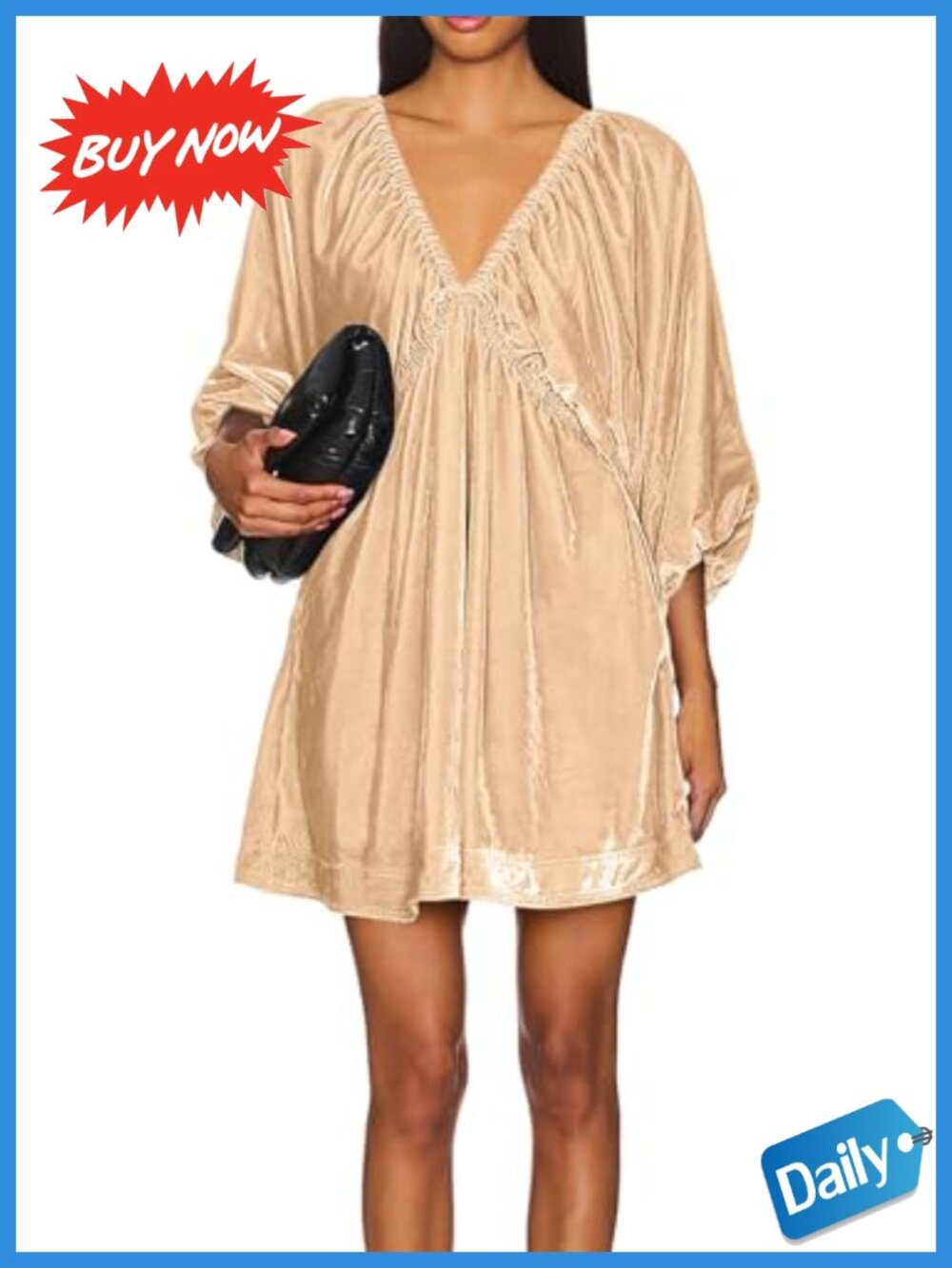 Velvet Mini Tunic Dress 3/4 Sleeve Loose Fit A-Line Fall Winter Casual